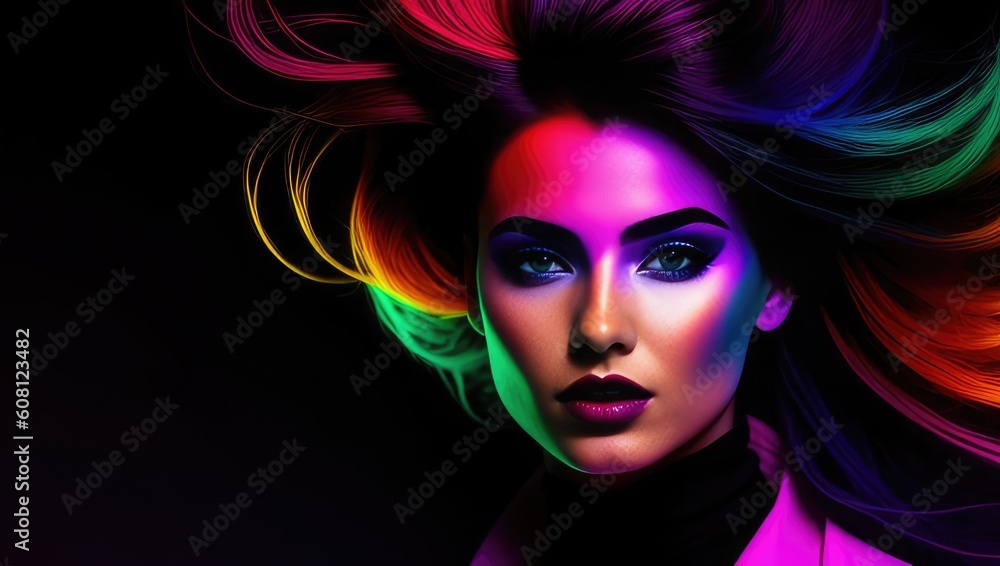 Beauty digital art portrait of color haired young woman with makeup and long hair in neon colors. Closeup portrait banner on black background. Generative AI