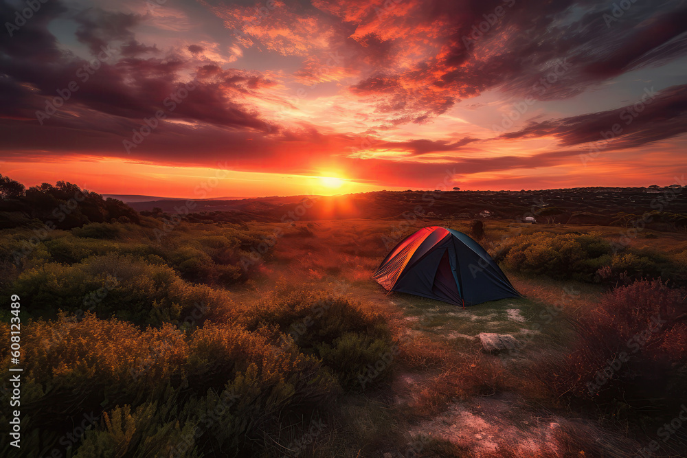 Camping Tent Under Vibrant Sunset Sky, Casting Warm Glow. Generative AI
