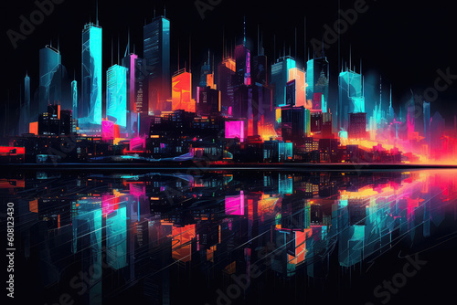 Abstract Neon Cityscape With Mirrored Reflections. Generative AI