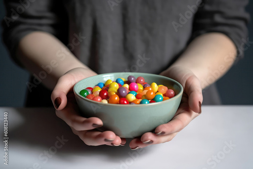 Womans Hands Hold Bowl Of Candy On White Background. Generative AI
