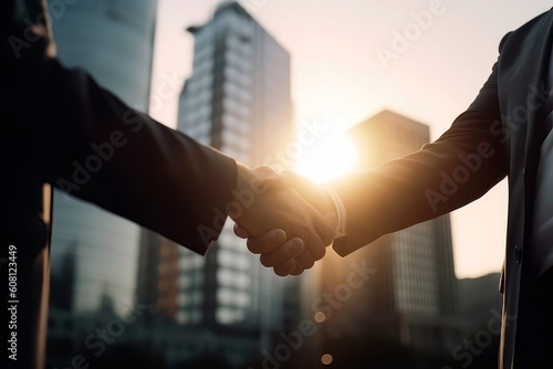 Businessmen Do Handshake With Partner Against The Backdrop Of Defocused Big City. Generative AI