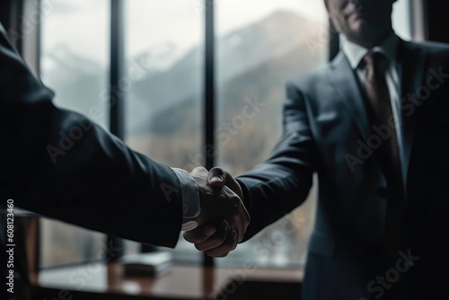 Businessmen Do Handshake With Partner In Front Of Defocused Large Mountain In Business Center. Generative AI
