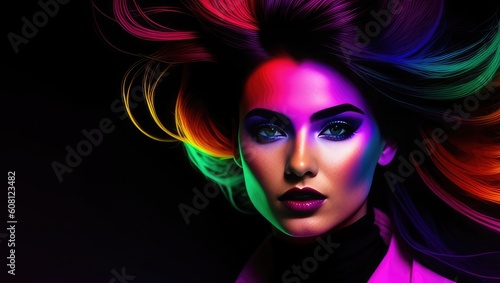 Beauty digital art portrait of color haired young woman with makeup and long hair in neon colors. Closeup portrait banner on black background. Generative AI © Vitaliy