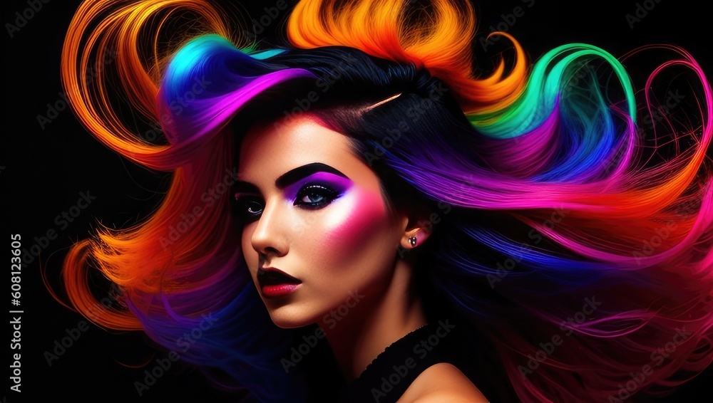 Beauty digital art portrait of color haired young woman with makeup and long hair in neon colors. Closeup portrait banner on black background. Generative AI