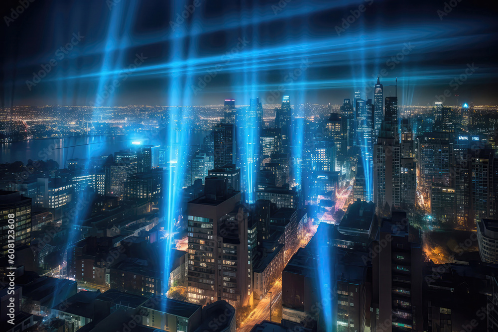 Electric Blue Beams Of Light Piercing Through City. Generative AI