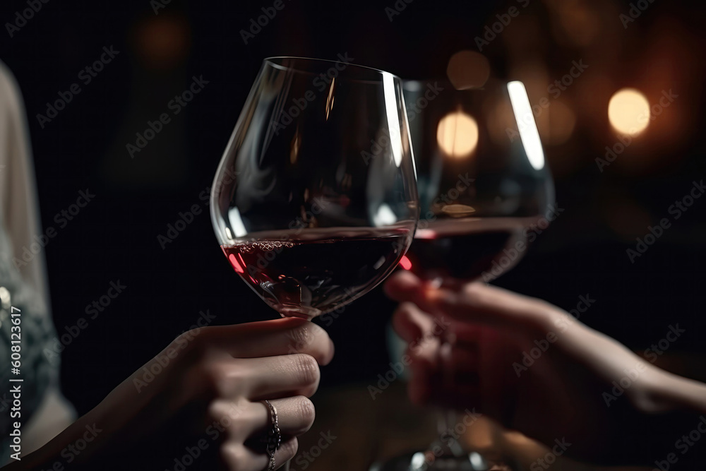 Elegant Hands Holding Wine Glasses, Celebrating Special Occasion Closeup. Generative AI