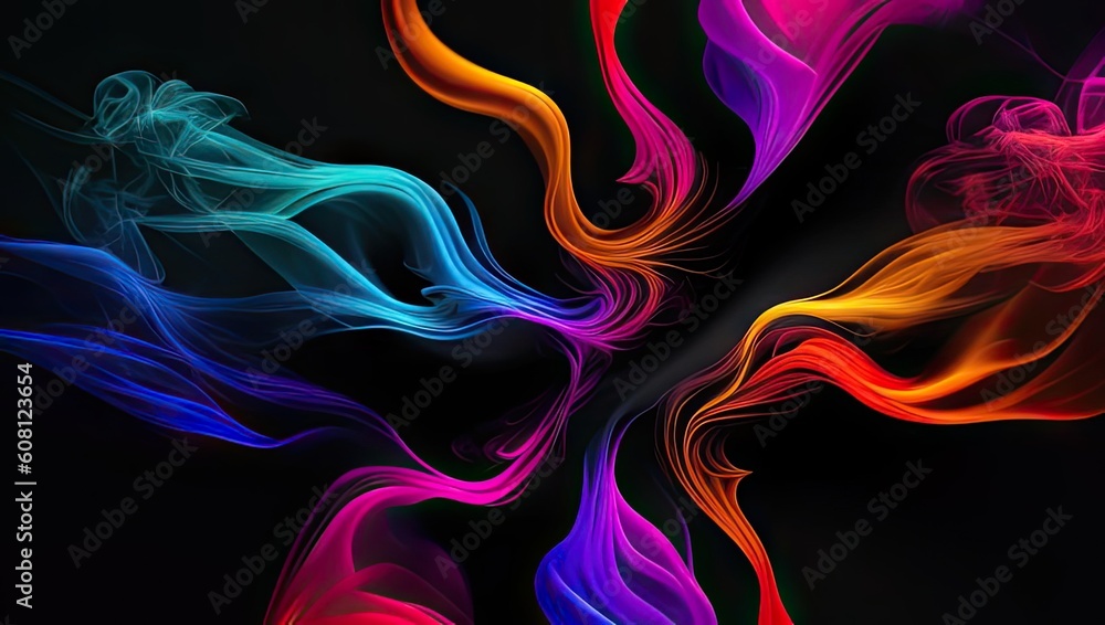Beautiful colorful smoke abstract on black background. Concept for design. Generative AI Beautiful colorful smoke abstract on black background. Concept for design. Generative AI