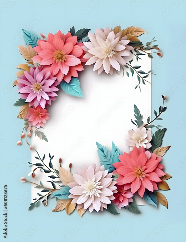 Spring Floral Decorative Composition: Beautiful Bouquet of Blossoms, Leaves, and Botanical Frames for Artistic Floral Card Cover