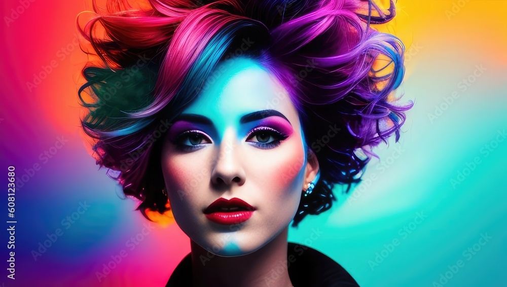 Fototapeta premium Beauty digital art portrait of color haired young woman with makeup and long hair in neon colors. Closeup portrait banner on black background. Generative AI
