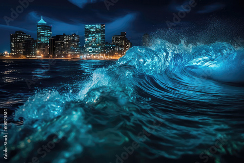 Electric Blue Waves Crashing Against City Backdrop. Generative AI