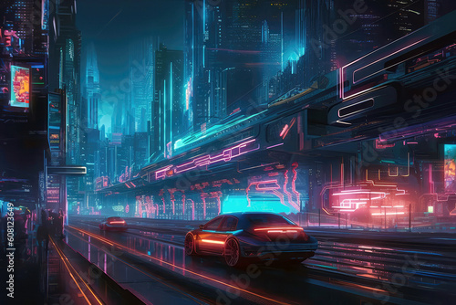 Futuristic Cityscape With Neonlit Transport Systems In Motion. Generative AI