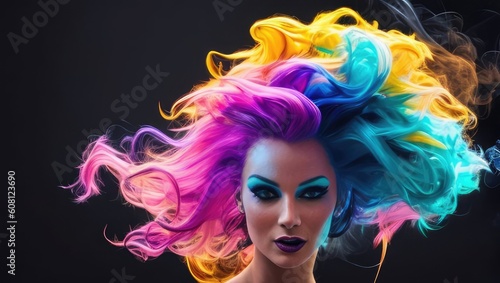 Modern digital art portrait of color haired young woman with makeup and long hair in neon colors. Closeup portrait banner on black background. Generative AI