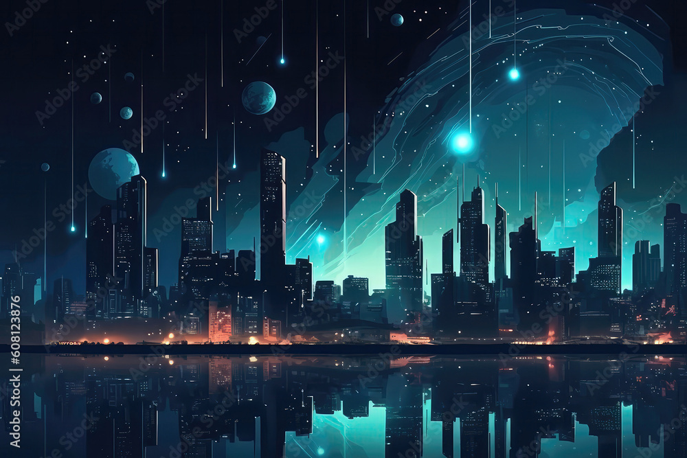 Glowing Futuristic Cityscape Against Starry Night Sky. Generative AI