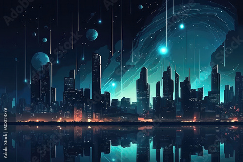 Glowing Futuristic Cityscape Against Starry Night Sky. Generative AI