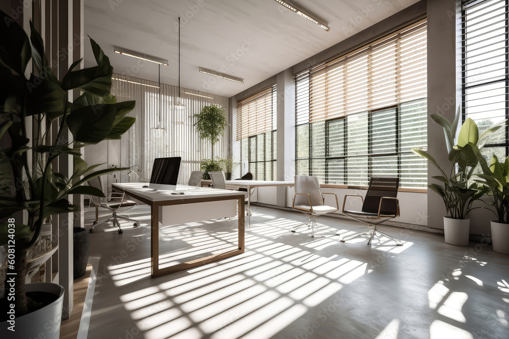 Modern Office Interior With Sleek Furniture And Abundant Natural Light. Generative AI Modern Office Interior With Sleek Furniture And Abundant Natural Light. Generative AI