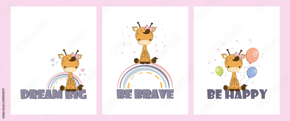 cute cartoon giraffe sitting on the big quote letters . Cartoon doodle animal characters collection. Cute baby giraffe vector poster set. Cheerful giraffe for baby showers celebration