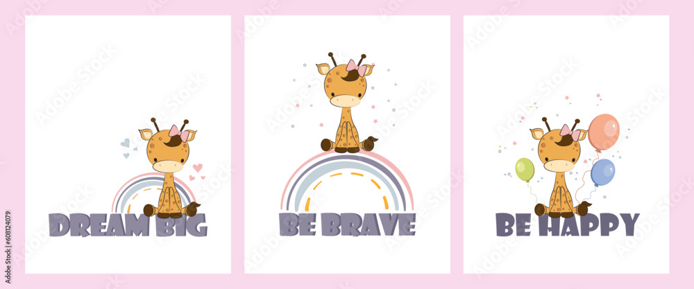 Fototapeta premium cute cartoon giraffe sitting on the big quote letters . Cartoon doodle animal characters collection. Cute baby giraffe vector poster set. Cheerful giraffe for baby showers celebration
