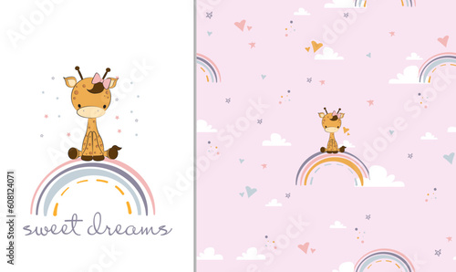 Photography cute cartoon giraffe sitting on the rainbow