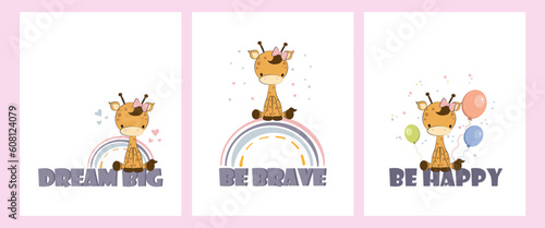 cute cartoon giraffe sitting on the big quote letters . Cartoon doodle animal characters collection. Cute baby giraffe vector poster set. Cheerful giraffe for baby showers celebration