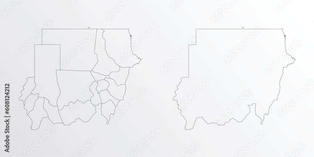 Black Outline vector Map of Sudan with regions on white background ...