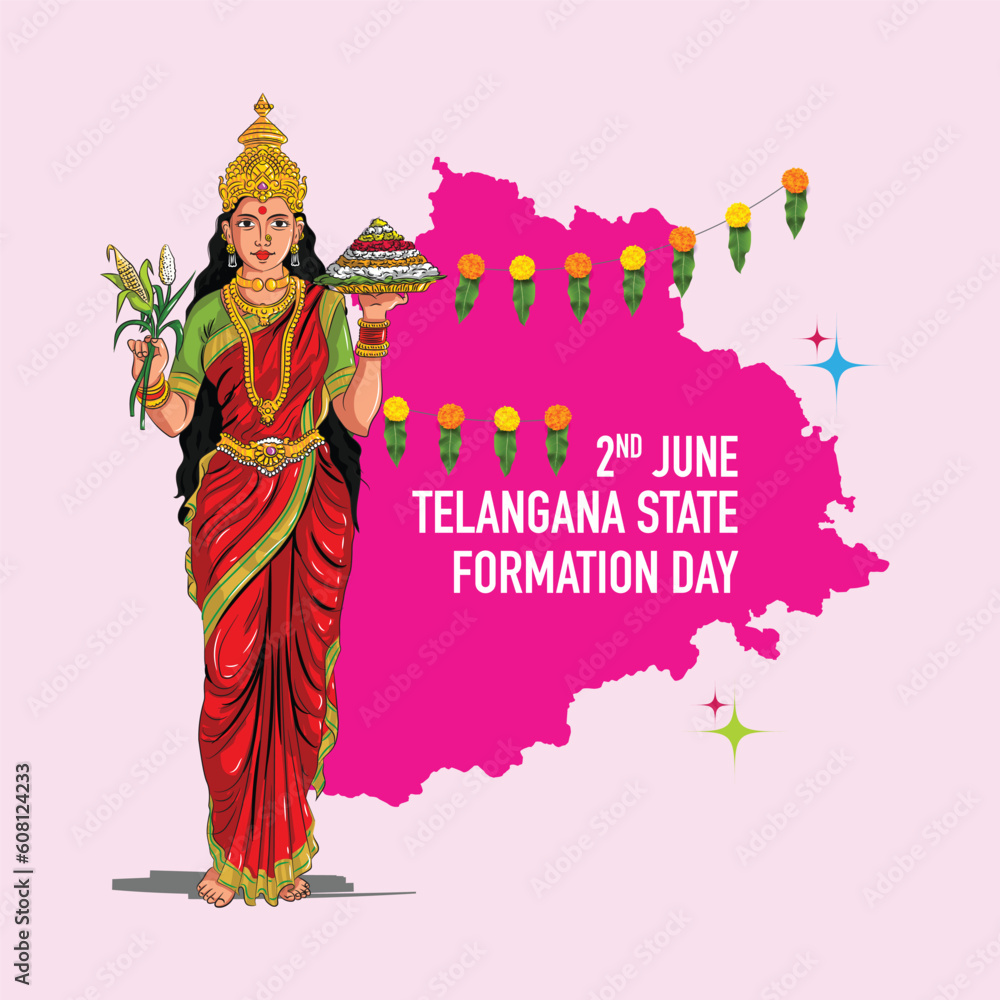 Fototapeta premium Happy Telangana Formation Day illuatration of telangana thalli with flower buntings 