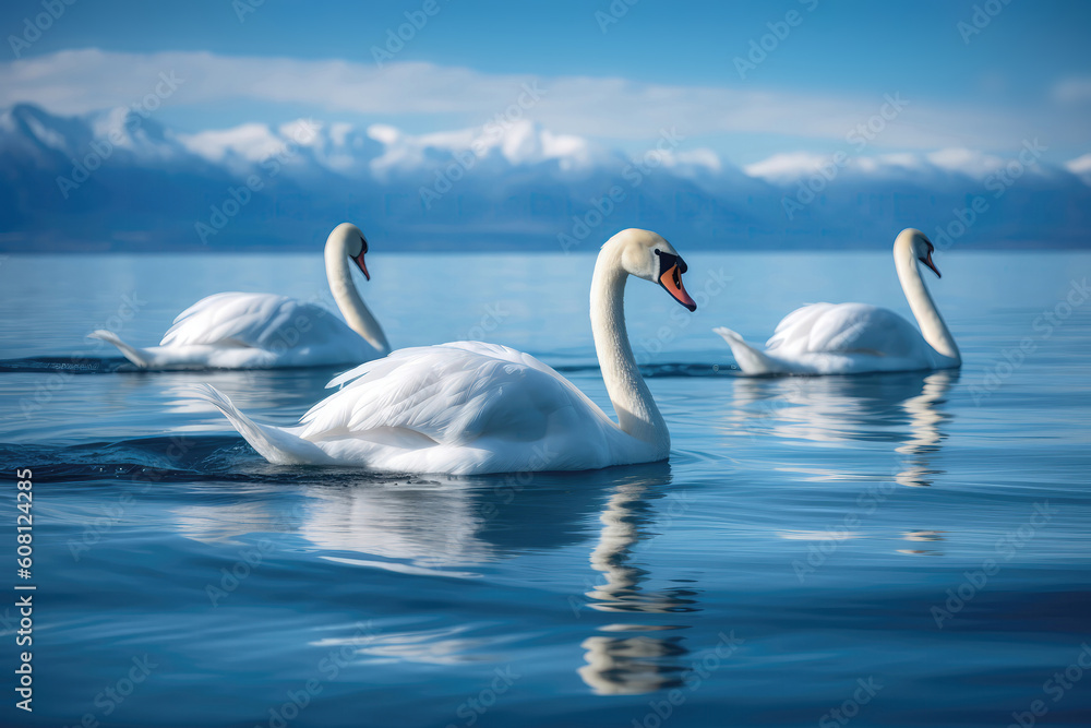Obraz premium Serene Swans Gracefully Gliding Across Tranquil Blue Pool. Generative AI