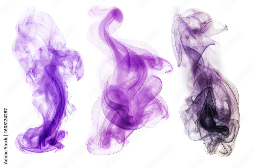 Set Violet Smoke On White Background. Generative AI