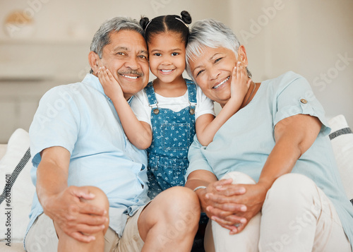 Obraz na plátně Love, portrait of grandparents with child smile and on a sofa in living room of their home