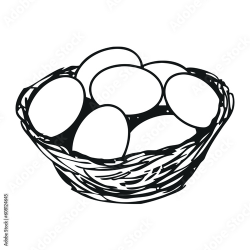 eggs in a wicker basket, black and white illustration