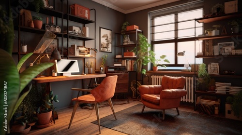 A cozy and inviting study room with a modern retro aesthetic, characterized by mid-century furniture, vintage accessories, and warm earthy tones. Generative AI