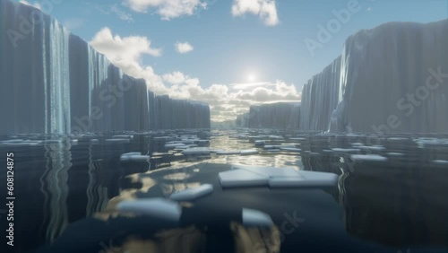 Camera fly through arctic landscape. Wide angle view, sunny day. High quality 3D rendered 4K video.