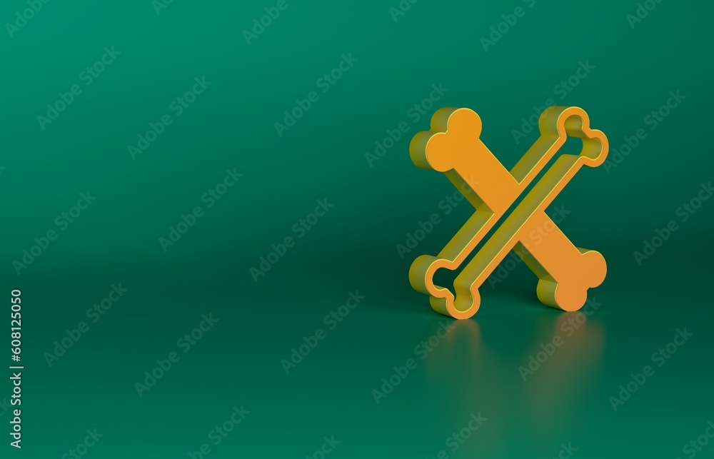 Orange Crossed bones icon isolated on green background. Pets food symbol. Happy Halloween party. Minimalism concept. 3D render illustration Orange Crossed bones icon isolated on green background. Pets food symbol. Happy Halloween party. Minimalism concept. 3D render illustration