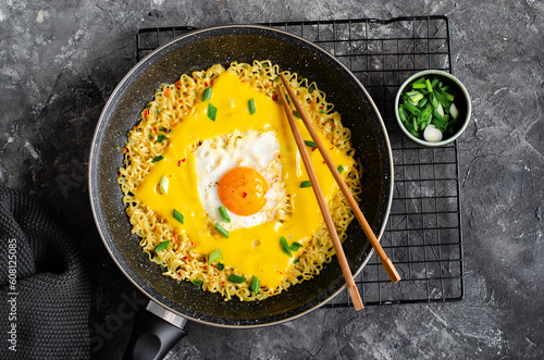 Kujirai Ramen, Shin Ramyeon or Ramyun with Egg, Melted Cheese and Scallion, Instant Noodles