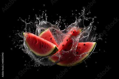 flying slices of watermelon with water splash on black background. Generative Ai