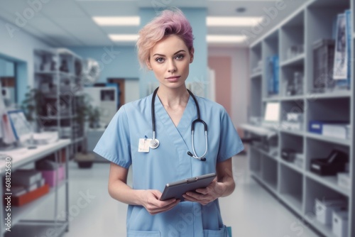 Portrait of young nurse in uniform using digital tablet during her work in clinic, generative AI