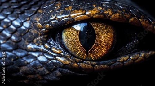Foto The close-up of the intense snake's eyes, with their orange color, AI generative