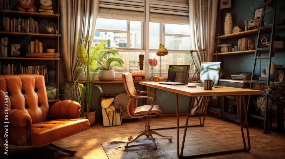 A cozy and inviting study room with a modern retro aesthetic, characterized by mid-century furniture, vintage accessories, and warm earthy tones. Generative AI