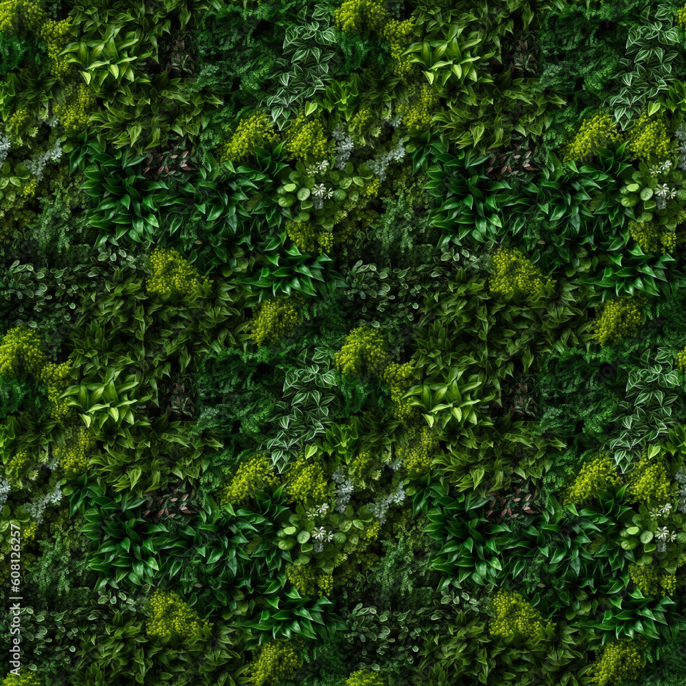 Lush, vibrant green living wall filled with a variety of small, healthy plants. Seamless pixel perfect pattern texture.