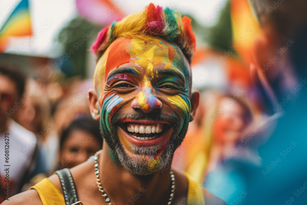 Portrait of a gray-haired elderly man with a beardwith rainbow LGBTQIA flag on the face Bisexual Gay Celebrates Pride Month Coming Out Day. High quality photo Generative AI Portrait of a gray-haired elderly man with a beardwith rainbow LGBTQIA flag on the face Bisexual Gay Celebrates Pride Month Coming Out Day. High quality photo Generative AI