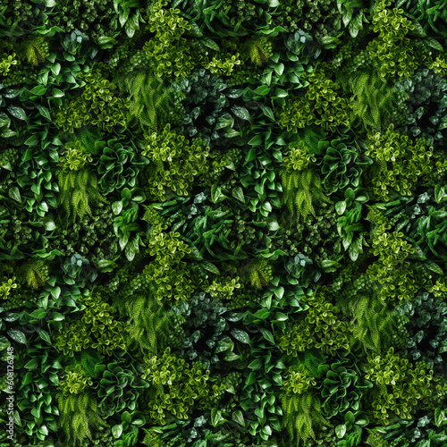 Lush, vibrant green living wall filled with a variety of small, healthy plants. Seamless pixel perfect pattern texture.