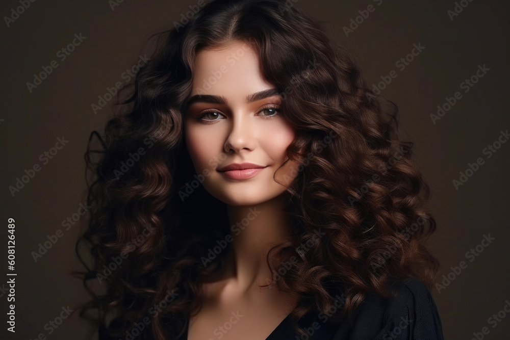 Beauty brunette girl with long shiny curly hair. Generative AI