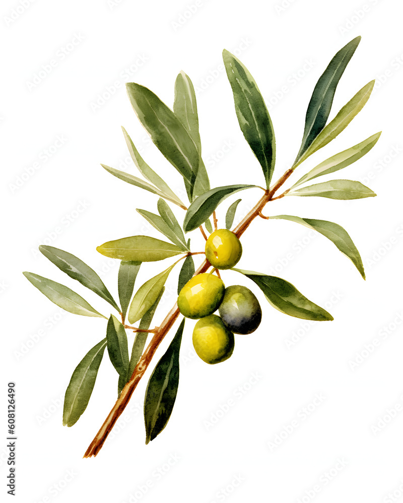 Watercolor green olive branch isolated