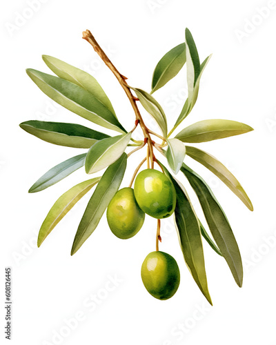Watercolor green olive branch isolated