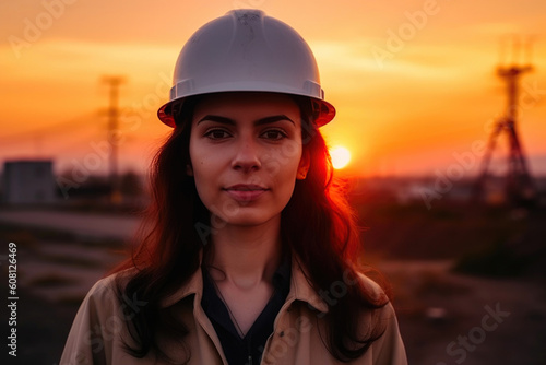 Woman Engineer's Portrait Amidst a Colorful Sunset. Generative AI © Andrii 