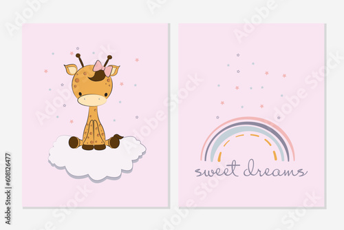 cute cartoon giraffe sitting on the cloud poster on a pink background. Sweet dreams qoute.Cartoon doodle animal characters. Cute baby girl giraffe nursery vector posters set. nursery kids wall room po
