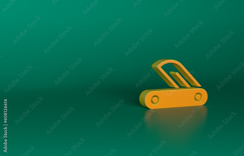 Orange Swiss army knife icon isolated on green background. Multi-tool, multipurpose penknife. Multifunctional tool. Minimalism concept. 3D render illustration Orange Swiss army knife icon isolated on green background. Multi-tool, multipurpose penknife. Multifunctional tool. Minimalism concept. 3D render illustration