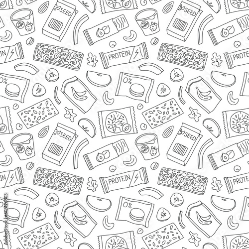 Healthy snacks, protein bars, nuts, dried fruit. Hand drawn seamless pattern. Doodle ornament of  sugar free candies icons, vector illustrations of organic food on white background, outline pattern