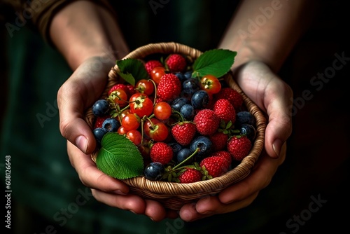 Hands Holding Basket of Berries Image. Generative AI