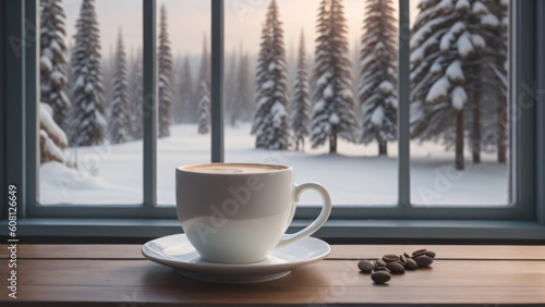 Coffee cup and coffee beans on wooden table in front of window with winter forest view. Generative AI