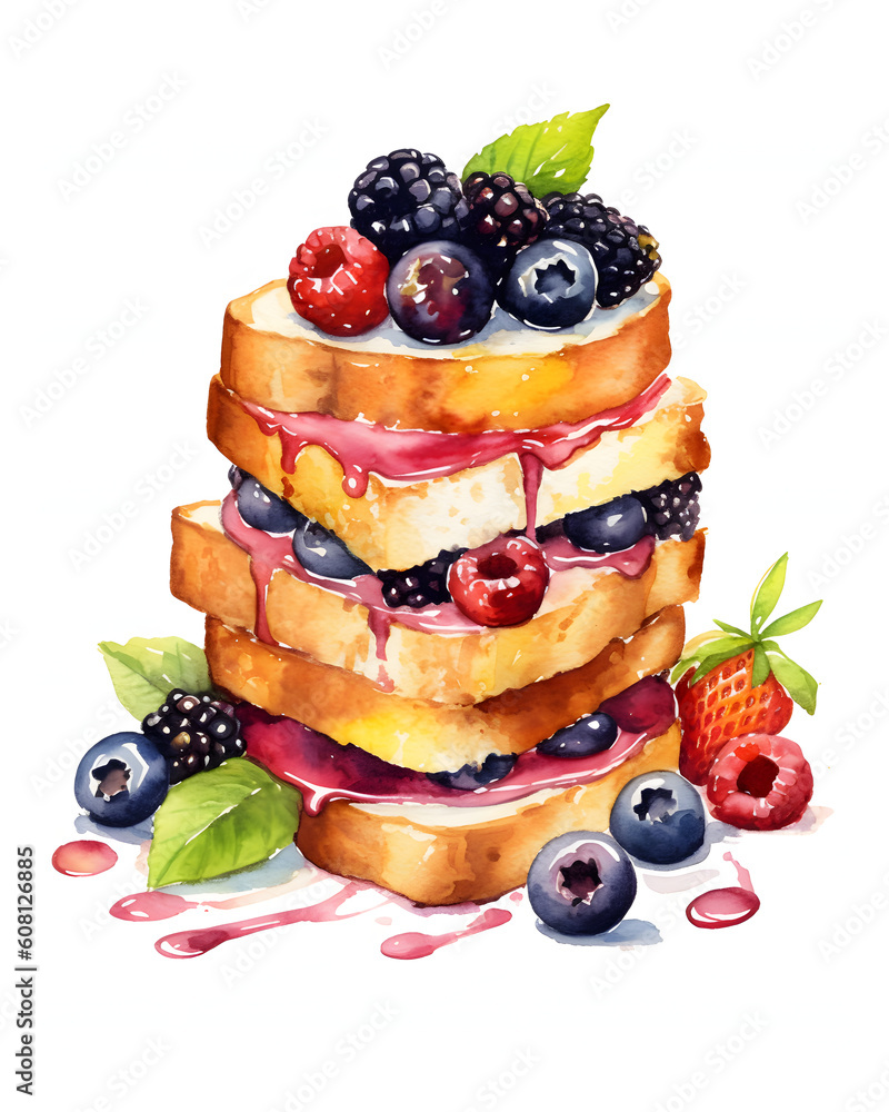 Watercolor Breakfast sandwiches with jam and fruits Watercolor Breakfast sandwiches with jam and fruits